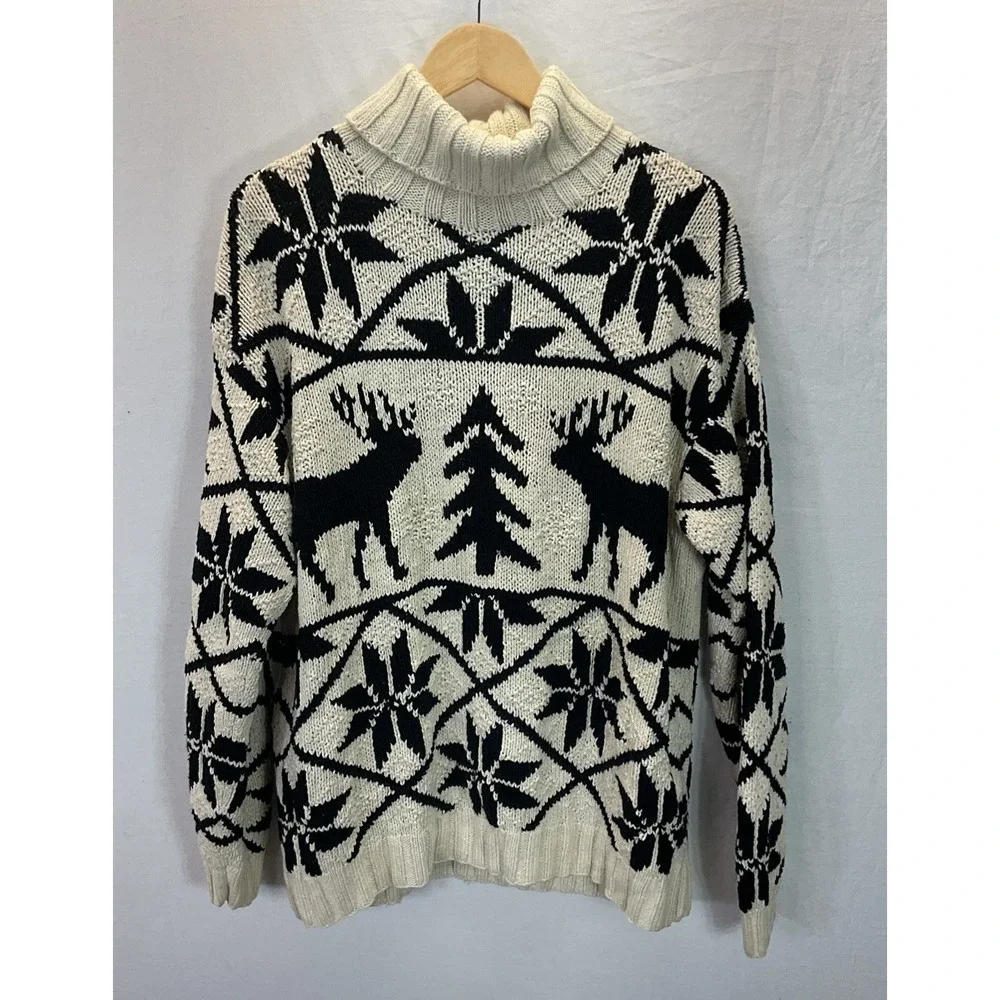 VTG Hand Knit Ralph Lauren Fair Isle turtleneck Sweater Size XL Silk Linen Moose